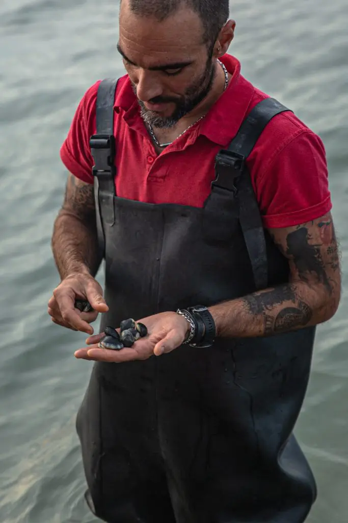 Pêcheur de palourdes dans le delta du po en Italie #inemiliaromagna