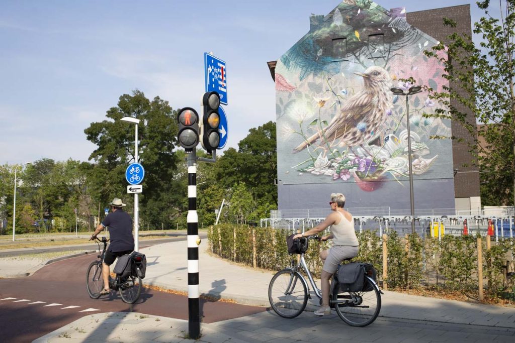 vélo passant devant une fresque de street art