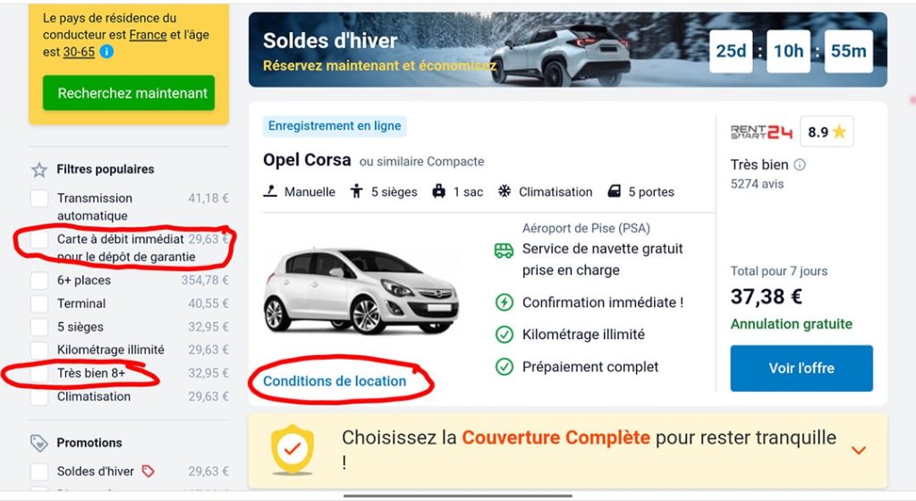 exemples de filtres de recherche sur le site Discovercars pour comparer les offres et louer une voiture en Toscane au meilleur prix.