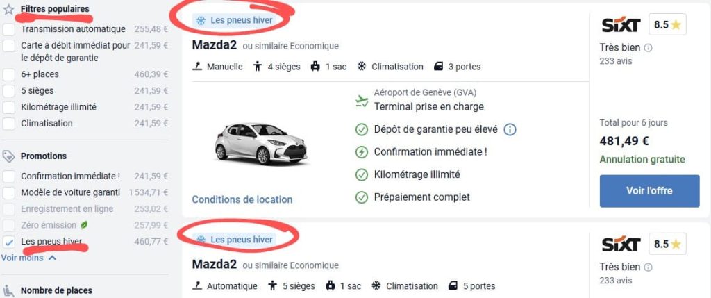 Filtres pour trouver une voiture équipée en pneus hiver à l'aéroport de Genève sur discovercars