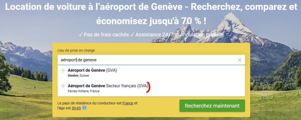 sélection du secteur à l'aéroport de Genève pour la location de voiture