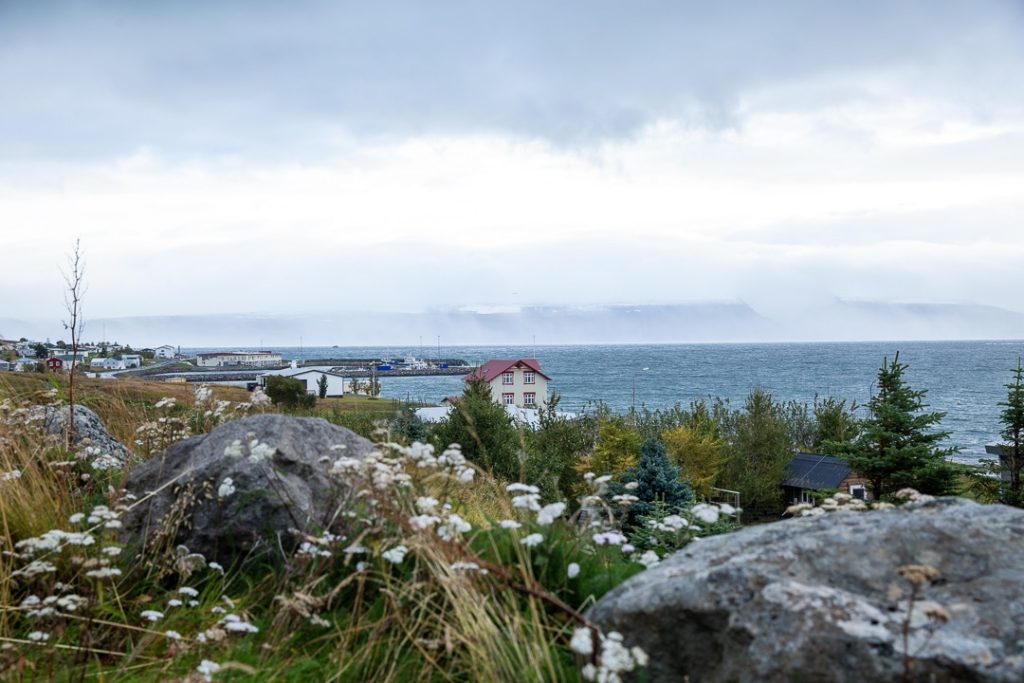 Vue sur le village de Súdavík et les sommet enneigés d'Isafjordur