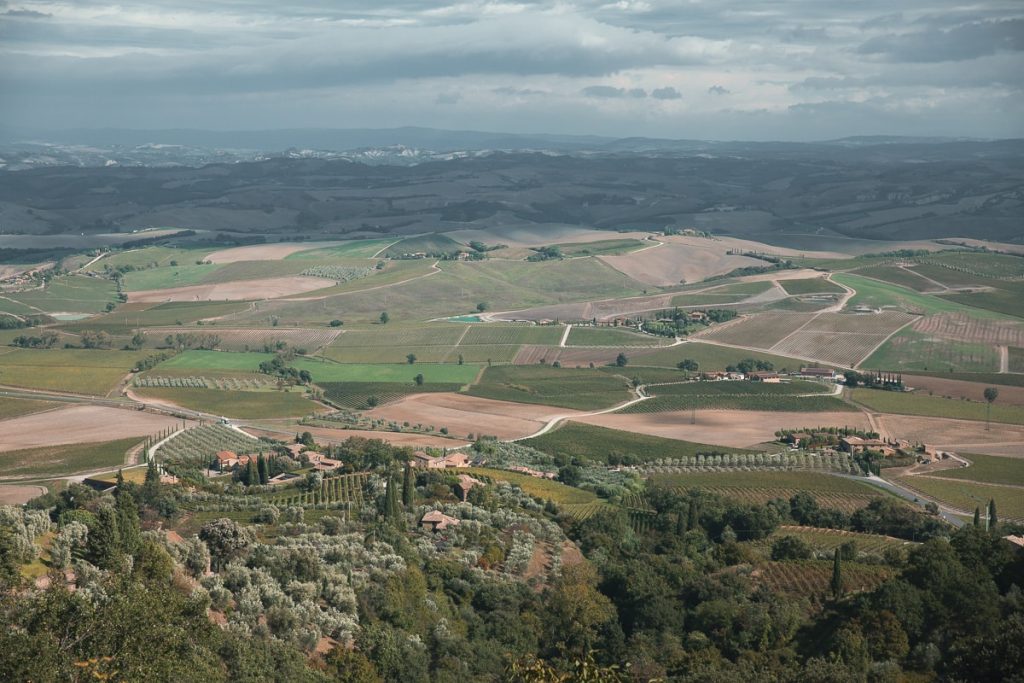 Vue panoramique sur les collines ondulantes du Val d’Orcia en Toscane, avec des champs cultivés, des vignobles et des fermes entourées de cyprès sous un ciel nuageux