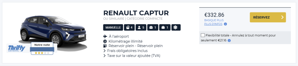 résultat de recherche de voiture de location sur Auto Europe
