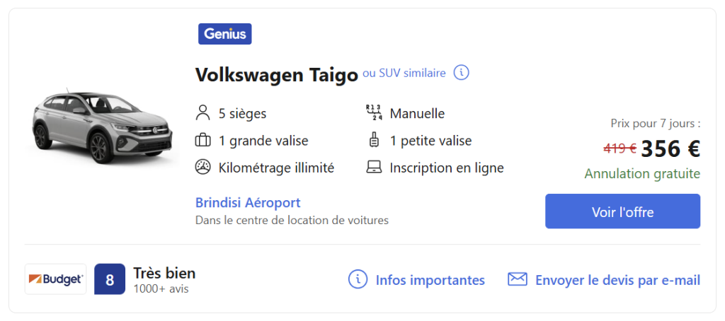 Recherche voiture de location sur Booking.com