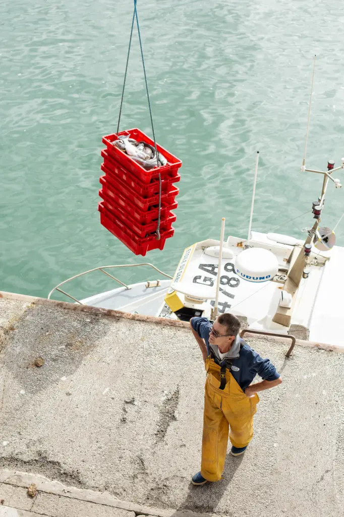 Pêcheur déchargeant sa pêche du jour à l'Herbaudière