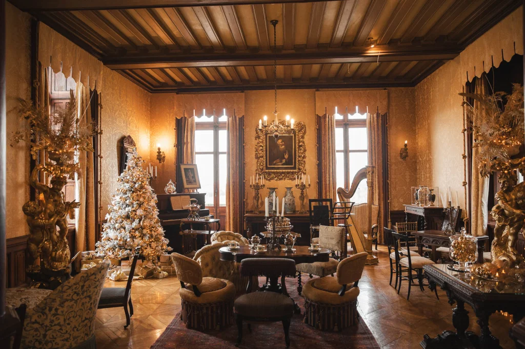 Salon du château de Chaumont-sur-Loire avec des décorations de Noël