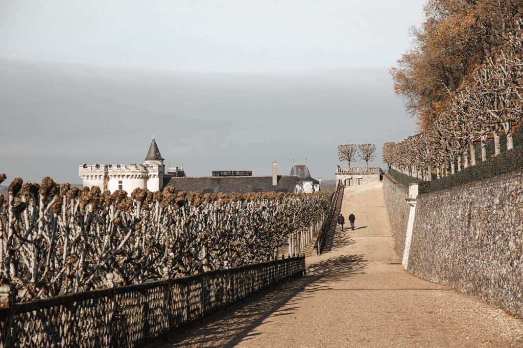 Couple se baladant dans les jardins de Villandry en hiver